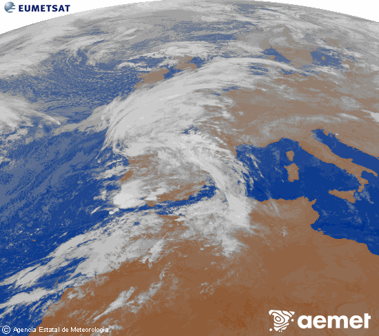 Imagen de la zona de Europa y Norte de frica del canal infrarrojo del satlite Meteosat operacional en 0N 0W, procesada para darle color. asteazkena, 2025ko urriak 29, ordua: 05:00