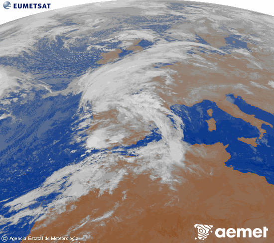 Imagen de la zona de Europa y Norte de frica del canal infrarrojo del satlite Meteosat operacional en 0N 0W, procesada para darle color. Wednesday, 29 October  2025 06:00