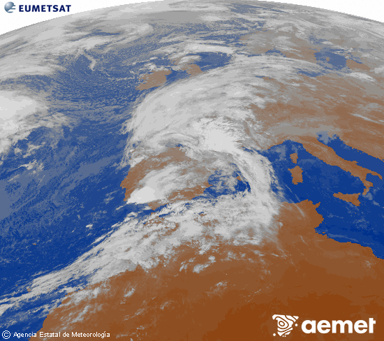 Imagen de la zona de Europa y Norte de frica del canal infrarrojo del satlite Meteosat operacional en 0N 0W, procesada para darle color. Wednesday, 29 October  2025 09:00