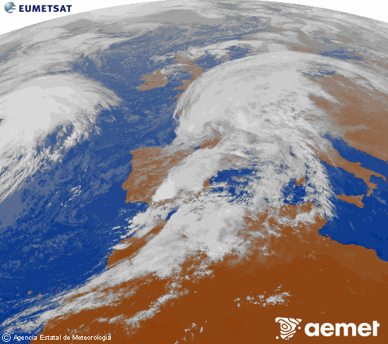 Imagen de la zona de Europa y Norte de frica del canal infrarrojo del satlite Meteosat operacional en 0N 0W, procesada para darle color. Wednesday, 29 October  2025 16:00
