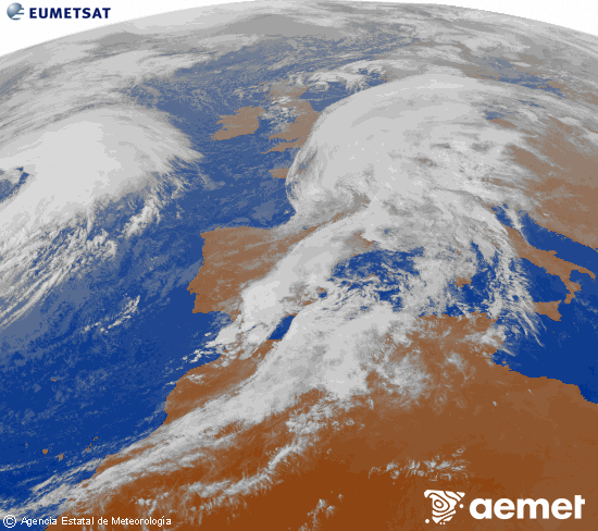 Imagen de la zona de Europa y Norte de frica del canal infrarrojo del satlite Meteosat operacional en 0N 0W, procesada para darle color. Wednesday, 29 October  2025 18:00