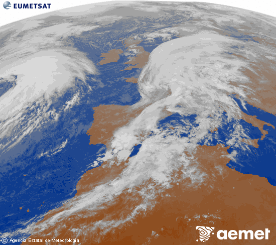 Imagen de la zona de Europa y Norte de frica del canal infrarrojo del satlite Meteosat operacional en 0N 0W, procesada para darle color. Wednesday, 29 October  2025 19:00