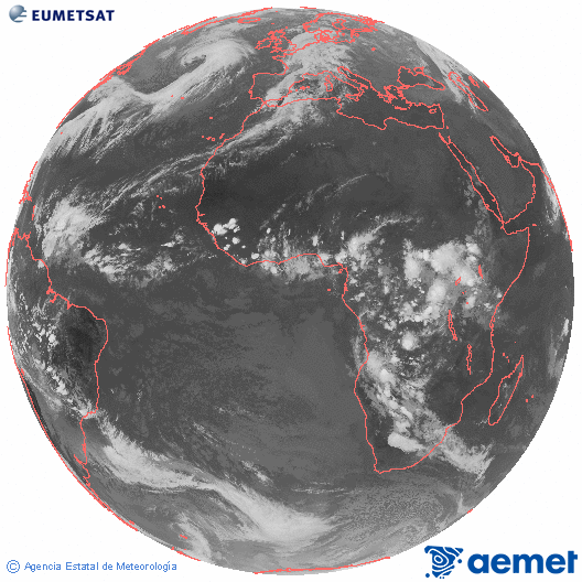 Imagen global del canal infrarrojo (10.8 μm) del satlite Meteosat, perteneciente a la serie MSG (Meteosat Segunda Generacin) y situado en 0N 0E. mircoles, 29 octubre 2025 a las 19:00