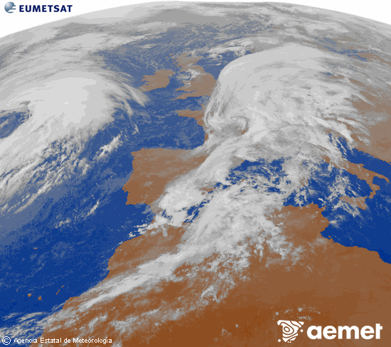 Imagen de la zona de Europa y Norte de frica del canal infrarrojo del satlite Meteosat operacional en 0N 0W, procesada para darle color. Wednesday, 29 October  2025 20:00