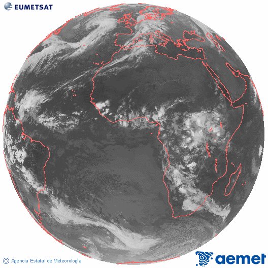 Imagen global del canal infrarrojo (10.8 μm) del satlite Meteosat, perteneciente a la serie MSG (Meteosat Segunda Generacin) y situado en 0N 0E. mircoles, 29 octubre 2025 a las 22:00