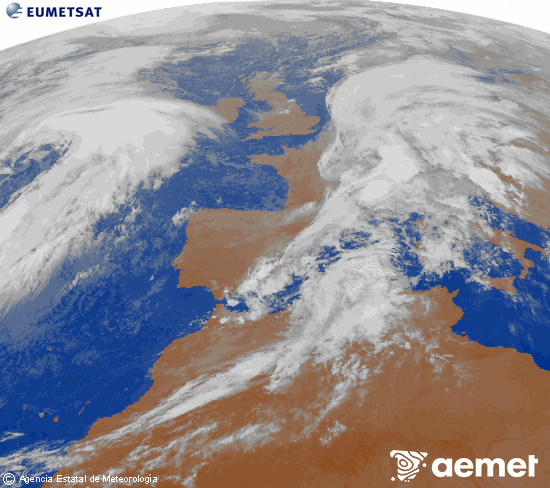 Imaxe da zona de Europa e Norte de frica da canle infravermella do satlite Meteosat operacional en 0N 0W, procesada para darlle cor. mrcores, 29 outubro  2025 23:00