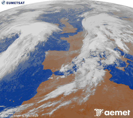Imaxe da zona de Europa e Norte de frica da canle infravermella do satlite Meteosat operacional en 0N 0W, procesada para darlle cor. xoves, 30 outubro  2025 01:00