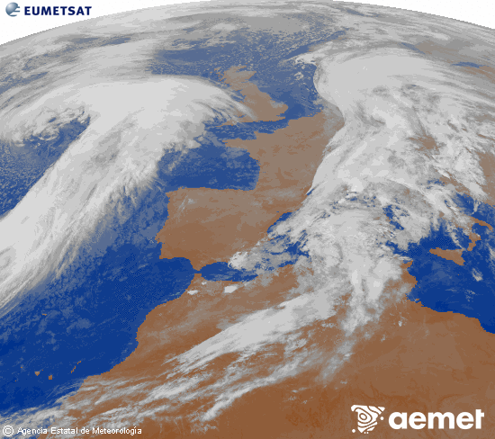 Imaxe da zona de Europa e Norte de frica da canle infravermella do satlite Meteosat operacional en 0N 0W, procesada para darlle cor. xoves, 30 outubro  2025 03:00