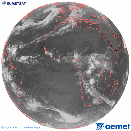 Imagen global del canal infrarrojo (10.8 μm) del satlite Meteosat, perteneciente a la serie MSG (Meteosat Segunda Generacin) y situado en 0N 0E. jueves, 30 octubre 2025 a las 04:00