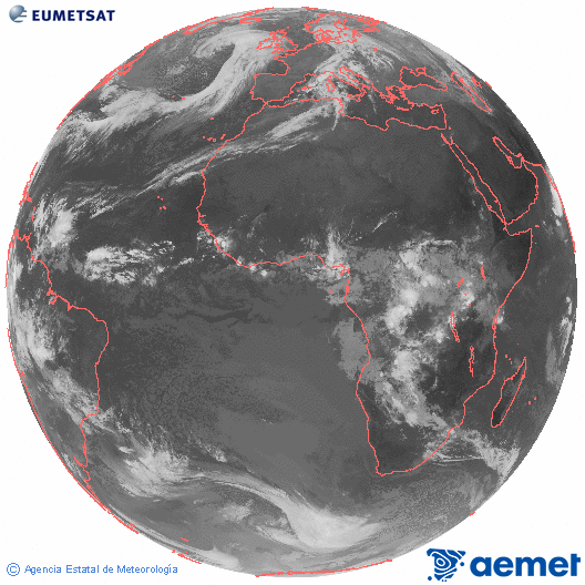 Imagen global del canal infrarrojo (10.8 μm) del satlite Meteosat, perteneciente a la serie MSG (Meteosat Segunda Generacin) y situado en 0N 0E. jueves, 30 octubre 2025 a las 07:00