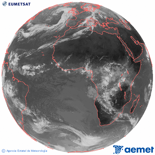 Imagen global del canal infrarrojo (10.8 μm) del satlite Meteosat, perteneciente a la serie MSG (Meteosat Segunda Generacin) y situado en 0N 0E. jueves, 30 octubre 2025 a las 10:00