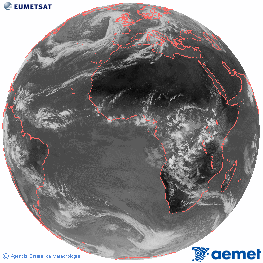 Imagen global del canal infrarrojo (10.8 μm) del satlite Meteosat, perteneciente a la serie MSG (Meteosat Segunda Generacin) y situado en 0N 0E. jueves, 30 octubre 2025 a las 13:00