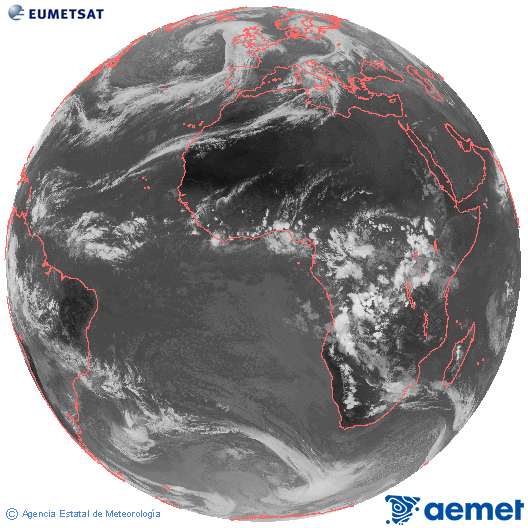 Imagen global del canal infrarrojo (10.8 μm) del satlite Meteosat, perteneciente a la serie MSG (Meteosat Segunda Generacin) y situado en 0N 0E. jueves, 30 octubre 2025 a las 16:00