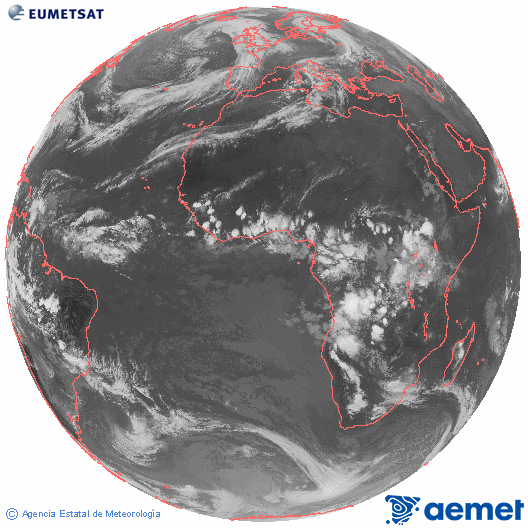 Imagen global del canal infrarrojo (10.8 μm) del satlite Meteosat, perteneciente a la serie MSG (Meteosat Segunda Generacin) y situado en 0N 0E. jueves, 30 octubre 2025 a las 19:00