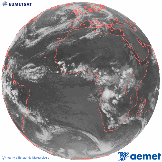 Imagen global del canal infrarrojo (10.8 μm) del satlite Meteosat, perteneciente a la serie MSG (Meteosat Segunda Generacin) y situado en 0N 0E. jueves, 30 octubre 2025 a las 22:00