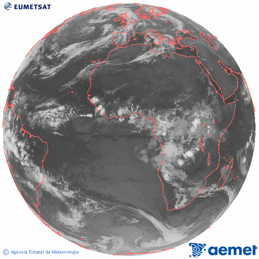 Imagen global del canal infrarrojo (10.8 μm) del satlite Meteosat, perteneciente a la serie MSG (Meteosat Segunda Generacin) y situado en 0N 0E. viernes, 31 octubre 2025 a las 01:00