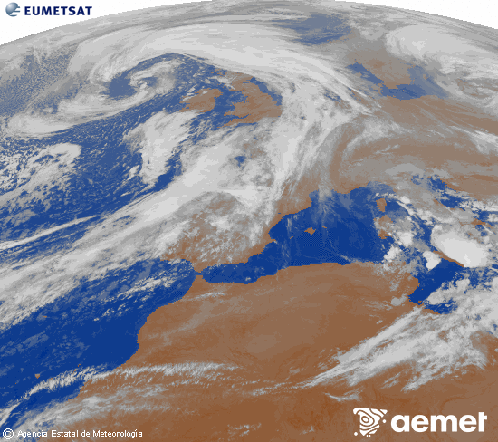 Imagen de la zona de Europa y Norte de frica del canal infrarrojo del satlite Meteosat operacional en 0N 0W, procesada para darle color. ostirala, 2025ko urriak 31, ordua: 04:00