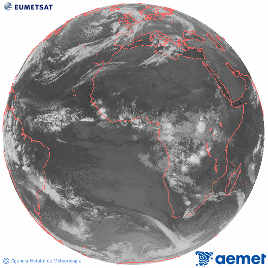 Imagen global del canal infrarrojo (10.8 μm) del satlite Meteosat, perteneciente a la serie MSG (Meteosat Segunda Generacin) y situado en 0N 0E. viernes, 31 octubre 2025 a las 04:00