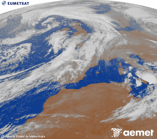 Imagen de la zona de Europa y Norte de frica del canal infrarrojo del satlite Meteosat operacional en 0N 0W, procesada para darle color. ostirala, 2025ko urriak 31, ordua: 06:00