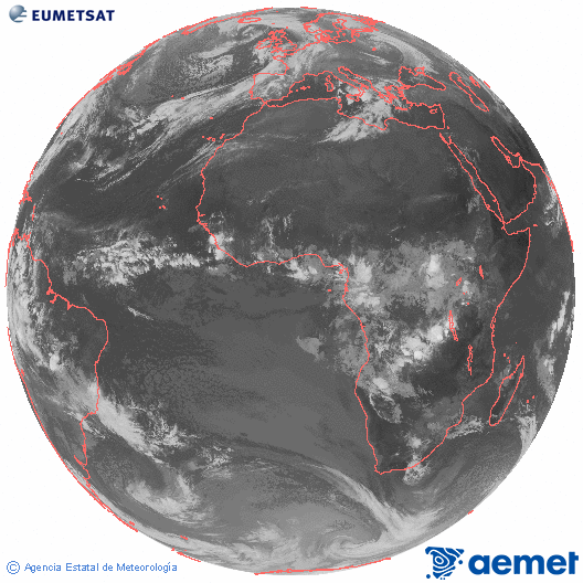 Imagen global del canal infrarrojo (10.8 μm) del satlite Meteosat, perteneciente a la serie MSG (Meteosat Segunda Generacin) y situado en 0N 0E. viernes, 31 octubre 2025 a las 07:00