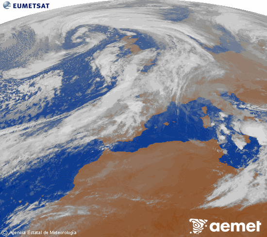 Imagen de la zona de Europa y Norte de frica del canal infrarrojo del satlite Meteosat operacional en 0N 0W, procesada para darle color. ostirala, 2025ko urriak 31, ordua: 08:00