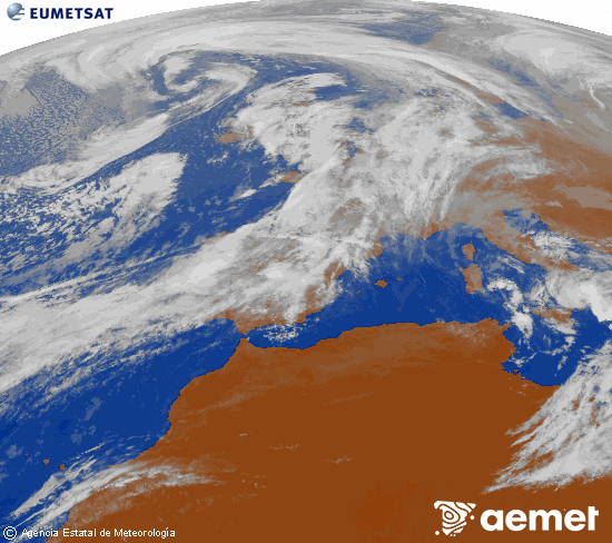 Imagen de la zona de Europa y Norte de frica del canal infrarrojo del satlite Meteosat operacional en 0N 0W, procesada para darle color. ostirala, 2025ko urriak 31, ordua: 11:00