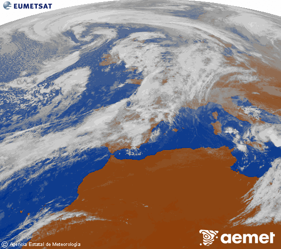 Imagen de la zona de Europa y Norte de frica del canal infrarrojo del satlite Meteosat operacional en 0N 0W, procesada para darle color. ostirala, 2025ko urriak 31, ordua: 12:00