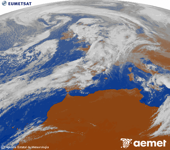 Imagen de la zona de Europa y Norte de frica del canal infrarrojo del satlite Meteosat operacional en 0N 0W, procesada para darle color. ostirala, 2025ko urriak 31, ordua: 13:00