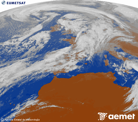 Imagen de la zona de Europa y Norte de frica del canal infrarrojo del satlite Meteosat operacional en 0N 0W, procesada para darle color. ostirala, 2025ko urriak 31, ordua: 14:00
