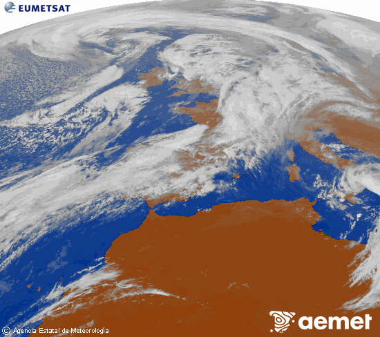 Imagen de la zona de Europa y Norte de frica del canal infrarrojo del satlite Meteosat operacional en 0N 0W, procesada para darle color. ostirala, 2025ko urriak 31, ordua: 15:00