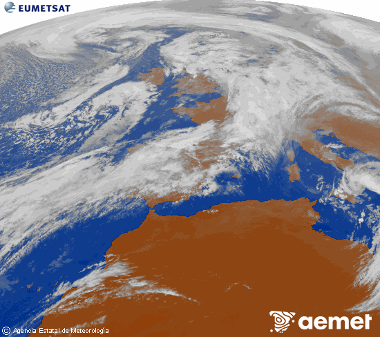 Imagen de la zona de Europa y Norte de frica del canal infrarrojo del satlite Meteosat operacional en 0N 0W, procesada para darle color. ostirala, 2025ko urriak 31, ordua: 16:00