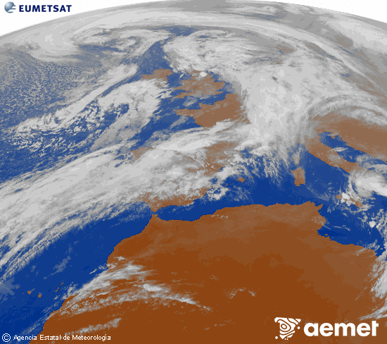 Imagen de la zona de Europa y Norte de frica del canal infrarrojo del satlite Meteosat operacional en 0N 0W, procesada para darle color. ostirala, 2025ko urriak 31, ordua: 17:00