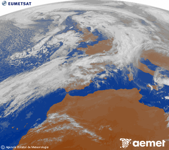 Imagen de la zona de Europa y Norte de frica del canal infrarrojo del satlite Meteosat operacional en 0N 0W, procesada para darle color. ostirala, 2025ko urriak 31, ordua: 19:00