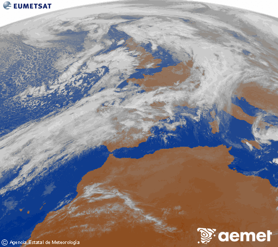Imagen de la zona de Europa y Norte de frica del canal infrarrojo del satlite Meteosat operacional en 0N 0W, procesada para darle color. ostirala, 2025ko urriak 31, ordua: 20:00