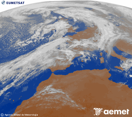 Imagen de la zona de Europa y Norte de frica del canal infrarrojo del satlite Meteosat operacional en 0N 0W, procesada para darle color. ostirala, 2025ko urriak 31, ordua: 22:00
