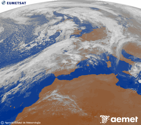 Imagen de la zona de Europa y Norte de frica del canal infrarrojo del satlite Meteosat operacional en 0N 0W, procesada para darle color. ostirala, 2025ko urriak 31, ordua: 23:00