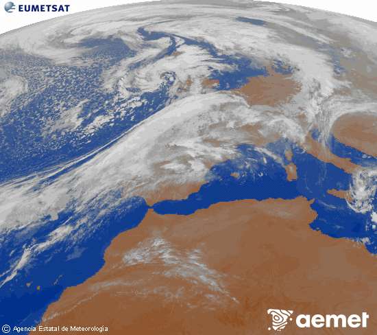 Imagen de la zona de Europa y Norte de frica del canal infrarrojo del satlite Meteosat operacional en 0N 0W, procesada para darle color. larunbata, 2025ko azaroak 01, ordua: 01:00