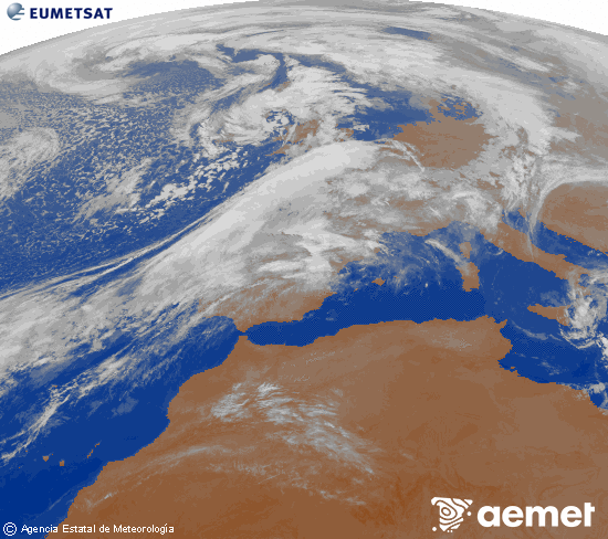 Imagen de la zona de Europa y Norte de frica del canal infrarrojo del satlite Meteosat operacional en 0N 0W, procesada para darle color. larunbata, 2025ko azaroak 01, ordua: 02:00