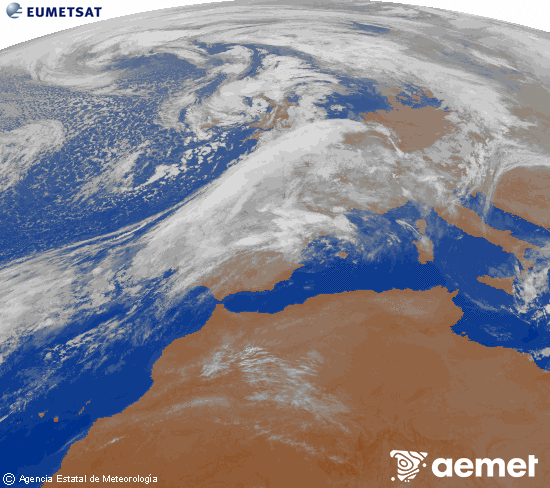 Imagen de la zona de Europa y Norte de frica del canal infrarrojo del satlite Meteosat operacional en 0N 0W, procesada para darle color. sbado, 01 noviembre 2025 a las 03:00
