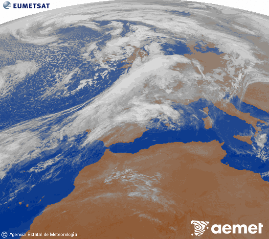 Imagen de la zona de Europa y Norte de frica del canal infrarrojo del satlite Meteosat operacional en 0N 0W, procesada para darle color. sbado, 01 noviembre 2025 a las 04:00