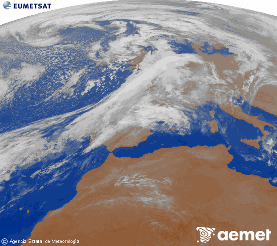 Imagen de la zona de Europa y Norte de frica del canal infrarrojo del satlite Meteosat operacional en 0N 0W, procesada para darle color. sbado, 01 noviembre 2025 a las 05:00