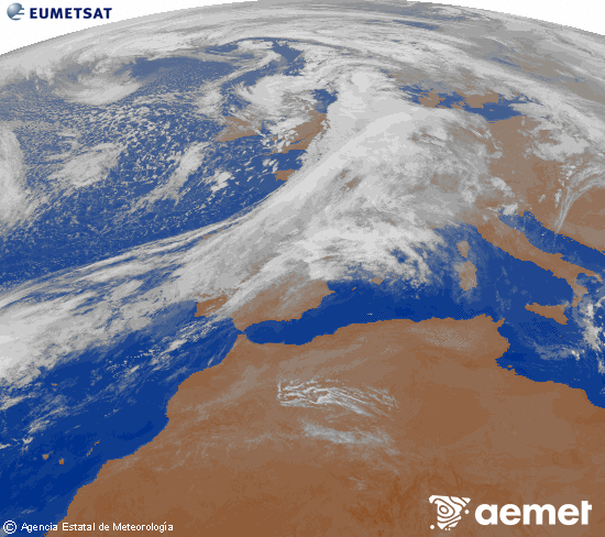 Imagen de la zona de Europa y Norte de frica del canal infrarrojo del satlite Meteosat operacional en 0N 0W, procesada para darle color. sbado, 01 noviembre 2025 a las 07:00