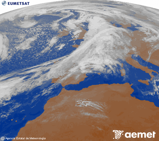 Imagen de la zona de Europa y Norte de frica del canal infrarrojo del satlite Meteosat operacional en 0N 0W, procesada para darle color. sbado, 01 noviembre 2025 a las 08:00