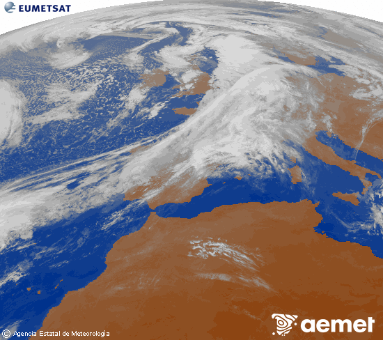 Imagen de la zona de Europa y Norte de frica del canal infrarrojo del satlite Meteosat operacional en 0N 0W, procesada para darle color. sbado, 01 noviembre 2025 a las 09:00