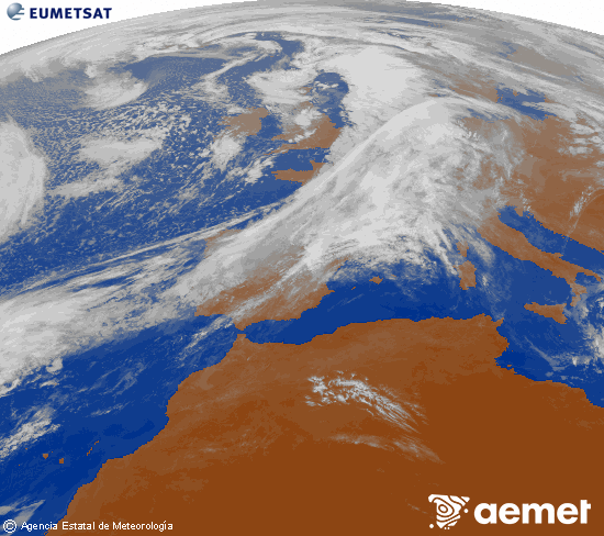 Imagen de la zona de Europa y Norte de frica del canal infrarrojo del satlite Meteosat operacional en 0N 0W, procesada para darle color. sbado, 01 noviembre 2025 a las 10:00