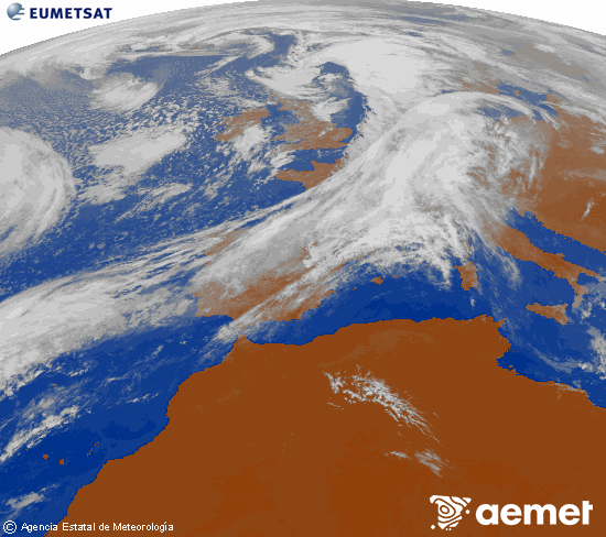 Imagen de la zona de Europa y Norte de frica del canal infrarrojo del satlite Meteosat operacional en 0N 0W, procesada para darle color. sbado, 01 noviembre 2025 a las 12:00