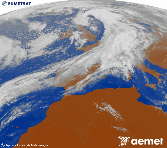 Imagen de la zona de Europa y Norte de frica del canal infrarrojo del satlite Meteosat operacional en 0N 0W, procesada para darle color. sbado, 01 noviembre 2025 a las 14:00