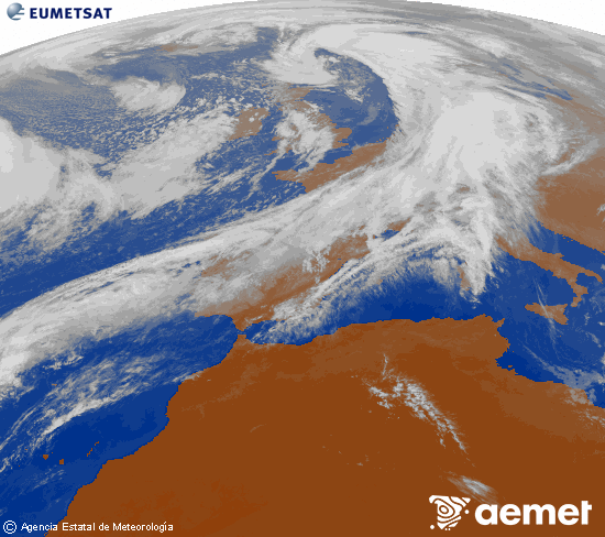 Imagen de la zona de Europa y Norte de frica del canal infrarrojo del satlite Meteosat operacional en 0N 0W, procesada para darle color. larunbata, 2025ko azaroak 01, ordua: 16:00