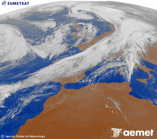 Imagen de la zona de Europa y Norte de frica del canal infrarrojo del satlite Meteosat operacional en 0N 0W, procesada para darle color. Saturday, 1 November  2025 20:00