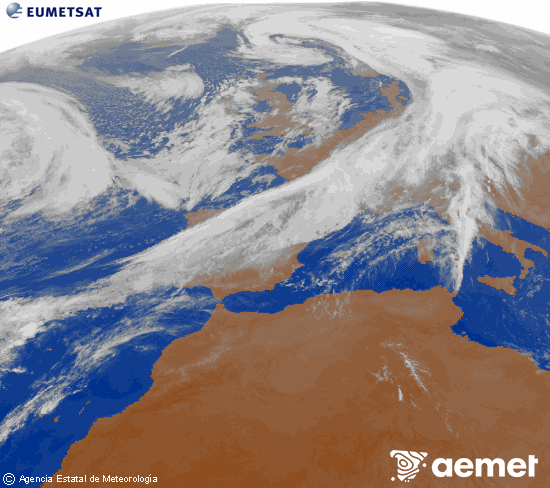 Imagen de la zona de Europa y Norte de frica del canal infrarrojo del satlite Meteosat operacional en 0N 0W, procesada para darle color. Saturday, 1 November  2025 21:00